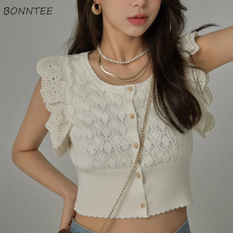 

Sweater Vests Women Crops Tender Summer Simple Ins Stylish Solid Ladies Stretchy Sleeveless Knit Hollow Out Holiday Casual Daily