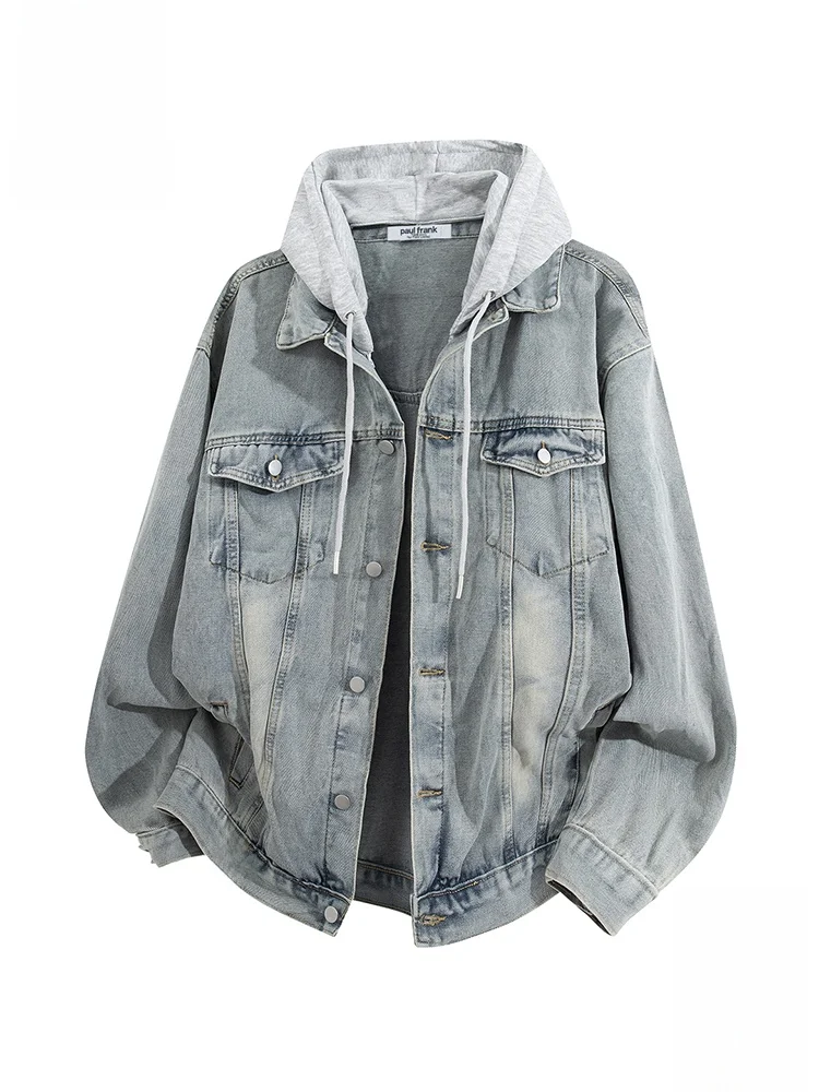 

Мужская джинсовая куртка Paul Frank с отстегивающимся капюшоном, свободного кроя, осенняя, модная, повседневная, из смесового хлопка и полиэстера