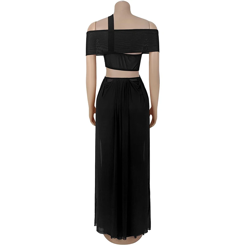 BKLD Women's Sexy Irregular Perspective Mesh Splicing Off Shoulder Hollow Design Draped Open Back Long Dress 2025 Vacation Party