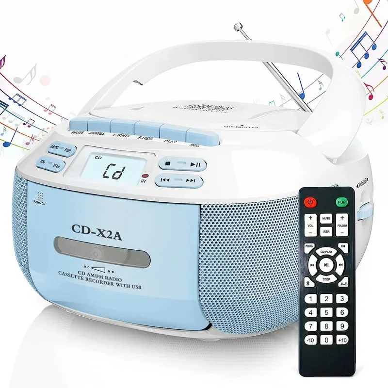 Portable CD Player Bluetooth Speakers Boombox Cassette AM FM Radio AUX USB MP3 Plays with Remote Control Support AC/DC Powered