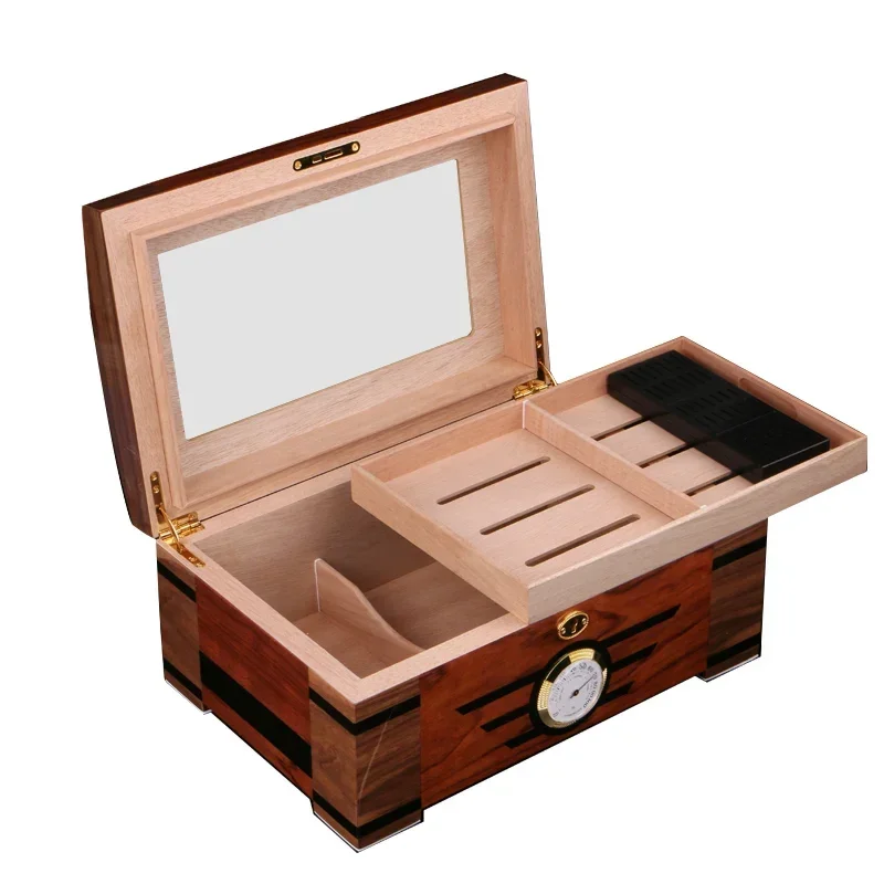 Cigar Humidor Cedar Wood Cigarette Case Large Capacity Case With Hygrometer Transparent Visual Moisturizing Humidifier Strip