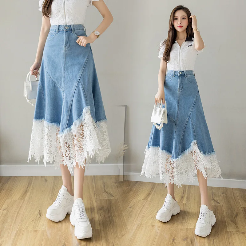 

Джинсовая юбка А-силуэта средней длины с высокой талией, на одной пуговице, женская одежда, стиль Cleanfit, хлопковая ткань