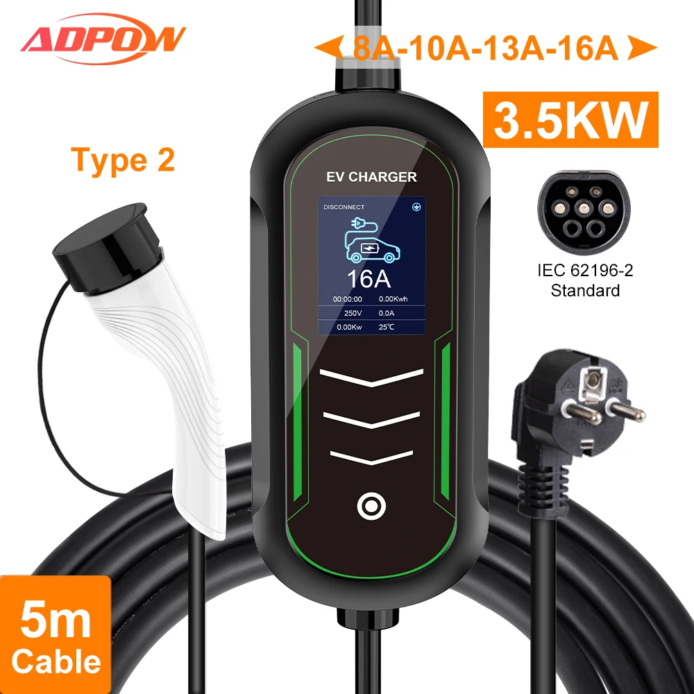 

ADPOW Portable EV Charger Type1 Type2 GBT 16A 3.5KW Electric Car Charging 5M Cable 8A-10A-13A-16A Adjustable Wallbox EVSE