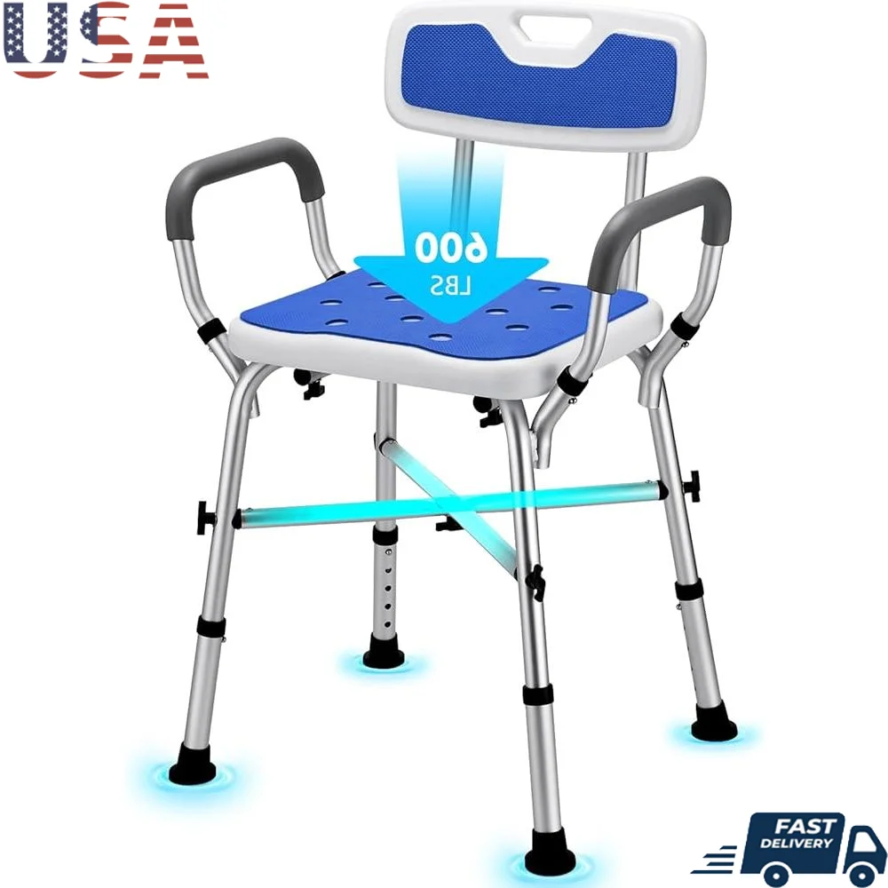

Heavy Duty Shower Chair Adjustable Height Seniors Disabled 600 lbs Capacity Tool-Free Assembly Non-Slip Seat with Armrests