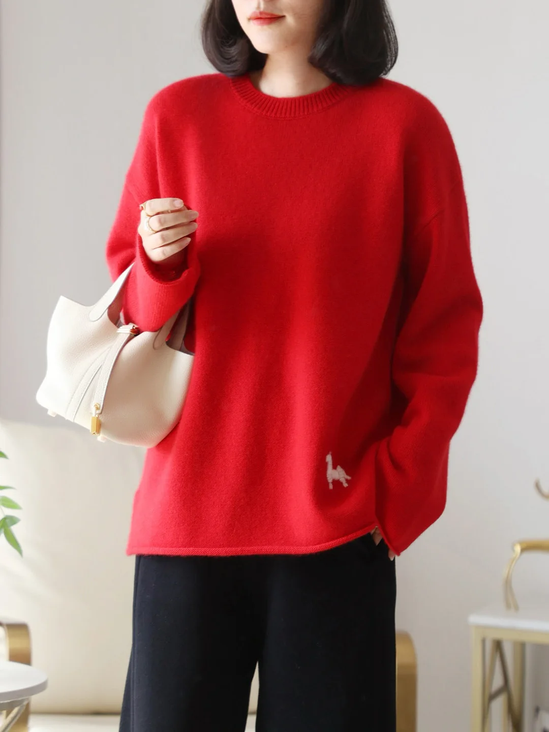 

Вязаный свитер Ele с ручной вышивкой, свободный, комфортный, средней длины, повседневный, для работы, модный, женское шерстяное пальто