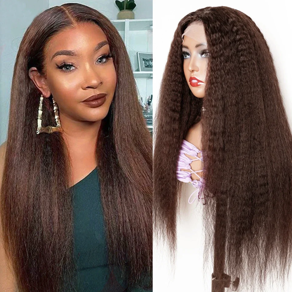 Soft 180Density Brown Preplucked 26” Long Kinky Straight Yaki Lace Front Wig For Women With Baby Hair Natural Hairline Glueless