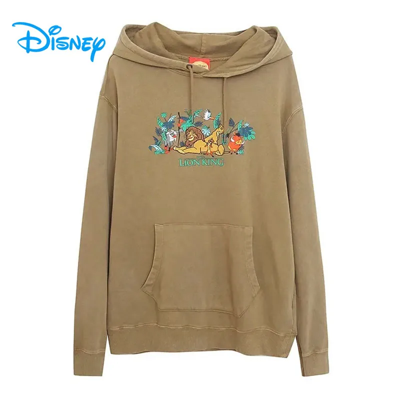 Disney The Lion King Simba Nala Embroidery Hooded Sweatshirt Women Cartoon Hoodies Pullover Casual Loose Jumper Tops Unisex