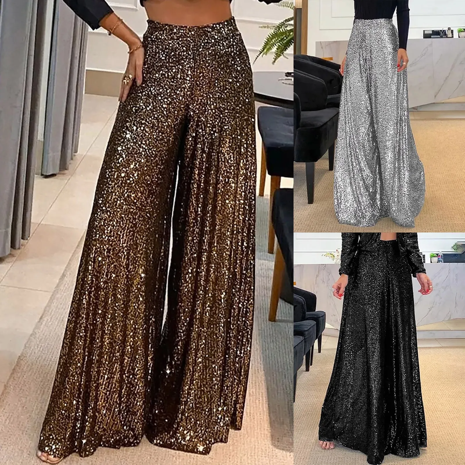 

High Waist Elastic Waistband Straight Full Length Women Pants Club Night Sequins Loose Wide Leg Pants conjuntos de pantalones