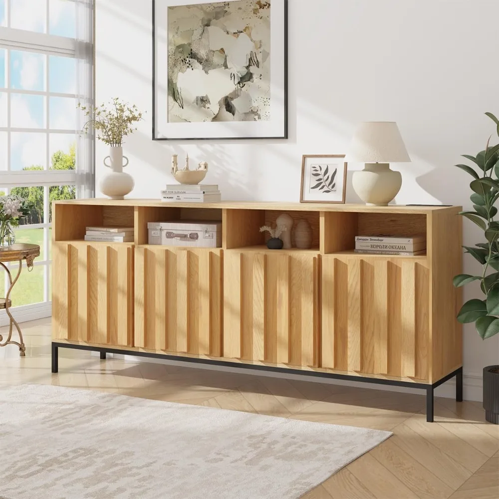 

COCO DESIGN 70 Large Storage Buffet Sideboard with Power Outlet, Fluted Panel Doors & Adjustable Shelves, Modern Farmhouse Conso