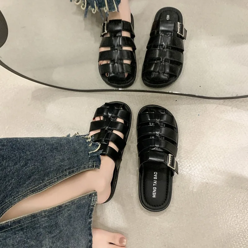 Retro Roman Shoes Women Genuine Leather Mules Round Toe Flat Sandals Buckle Slippers Ladies Fashion Casual Shoes Summer