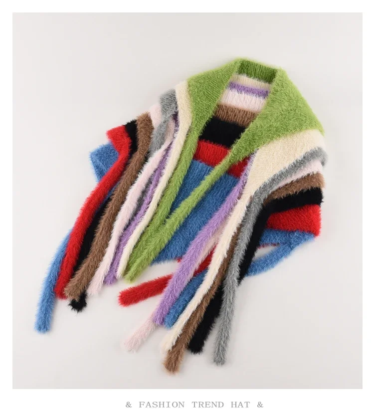 French Headscarf Women Autumn Winter Warmth Plush Knitted Wool Triangle Towel Sweet and Cute Tied Lace-up Knitted Headband