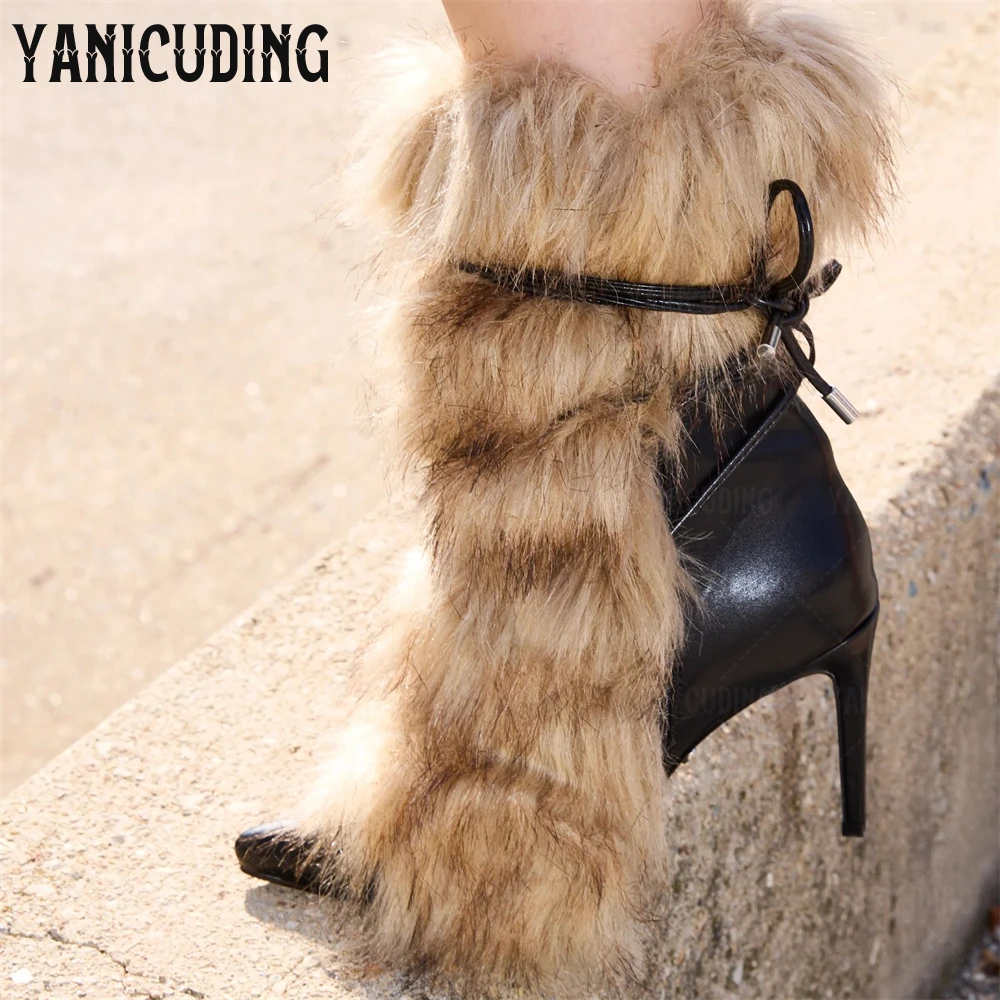 

Black Leather Faux Fur Booties Luxurious Style Pointed Toe Stiletto Boots Cross-Strap Handmade PU Leather Ankle Boots for Women