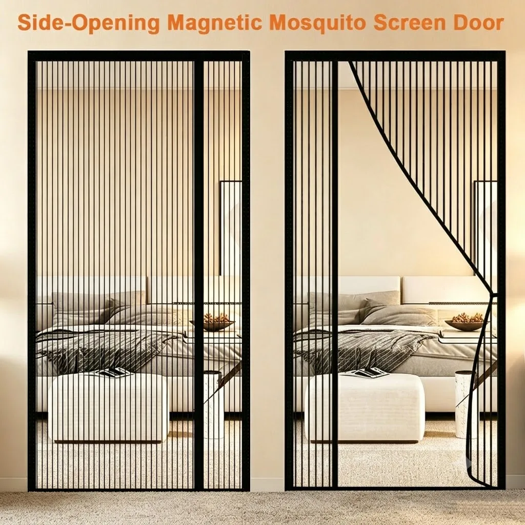 Magnetic Screen Door Curtain, Reversible Left/Right Curtains, Insect-Proof Mesh Door Curtain, Balcony & French Doors-Black