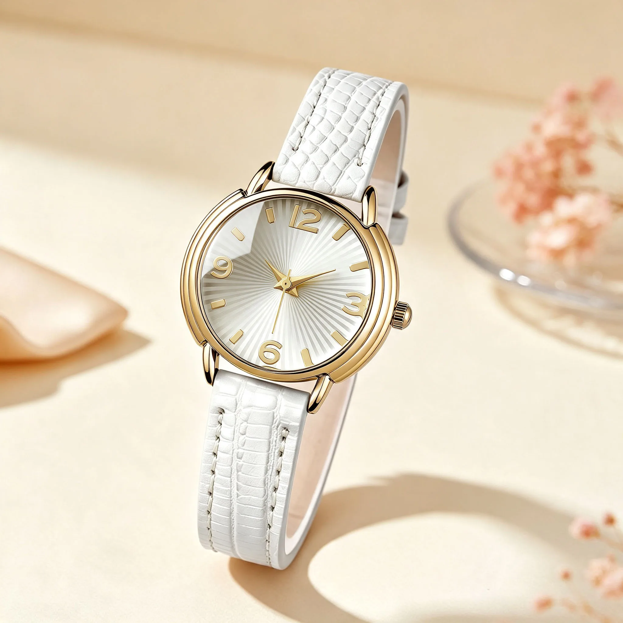 Elegant Ladies Quartz Watch Golden Round Case Crocodile Pattern Red Leather Strap Vintage Women Watches