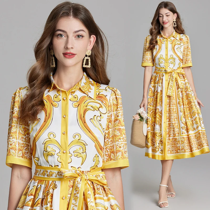 New Summer Fashion Yellow And White Porcelain Print Shirt Dress Women Lapel Single Breasted Flower Lace Up Holiday Midi Clothes