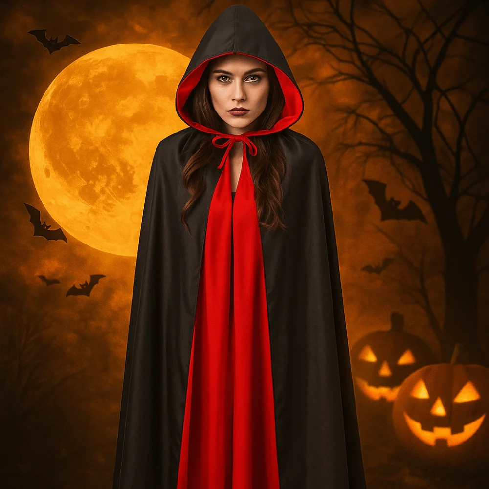 

Reversible Halloween Cloak Witch Clothes Stand Collar Wizard Robe Hooded Scary Costumes Performance Costumes Party
