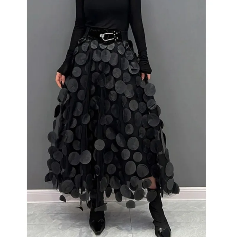 Fashion 3D Polka Dot Tulle Midi Skirt For Women Elastic Waist Mesh Flowy A Line Skirts Wedding Halloween Party Outfit Streetwear