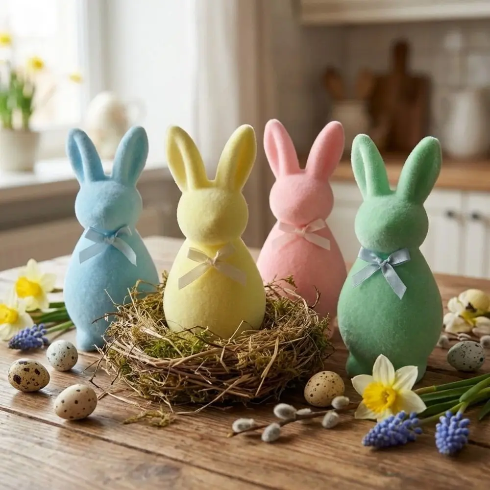Easter Holiday Foam Flocked Rabbit Figures with Bow Easter Bunny Statue Solid Color 3D Standing Bunny Sculpture Garden Decor
