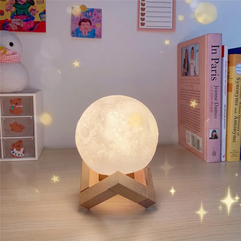 Kawaii Moon LED Night Light, 3D Print, Bateria Recarregável, Lâmpada de Toque, Luzes Infantis, Presente para Casa