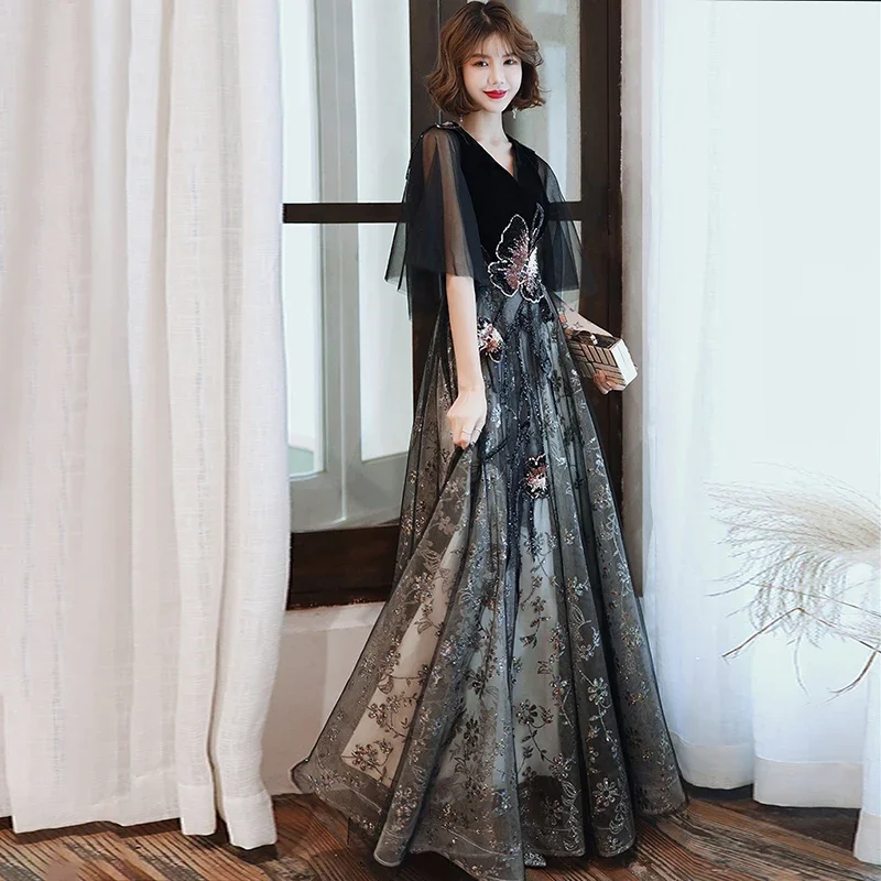 Black Evening Dress V-neck Velour Sequins Bling Tulle Half Sleeves A-line Floor-length Plus size Women Formal Party Dress A101