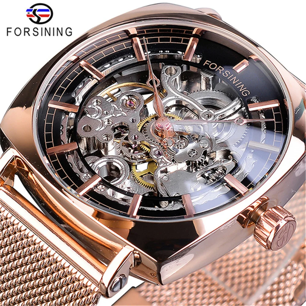 Forsining 242G Fashion Luxury Band Automatic Mechanical Watch For Men Square Skeleton Analog Mesh Steel Clock Relojes Hombre