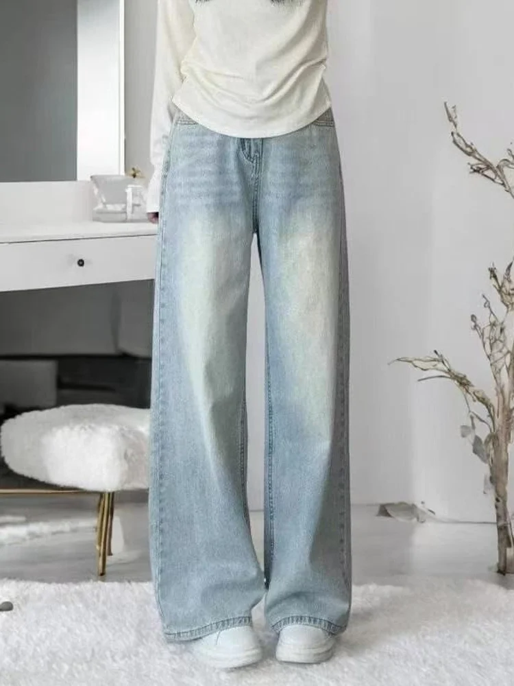 Light Wash Wide Leg Denim Jeans Women's Loose Fitting Pear Shape Body Slimming Straight Tube Pants Spring New Style plus Size