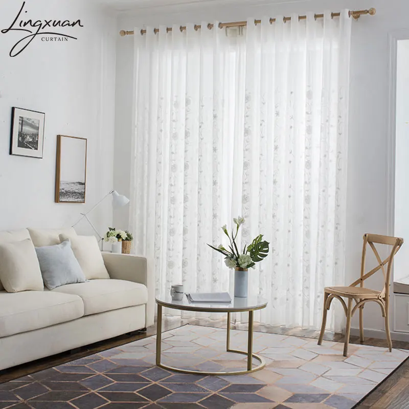 White Floral Sheer Curtain For Living Room Korean Embroidered Linen Tulle Window Curtains For Bedroom Kitchen Voile Blinds Door