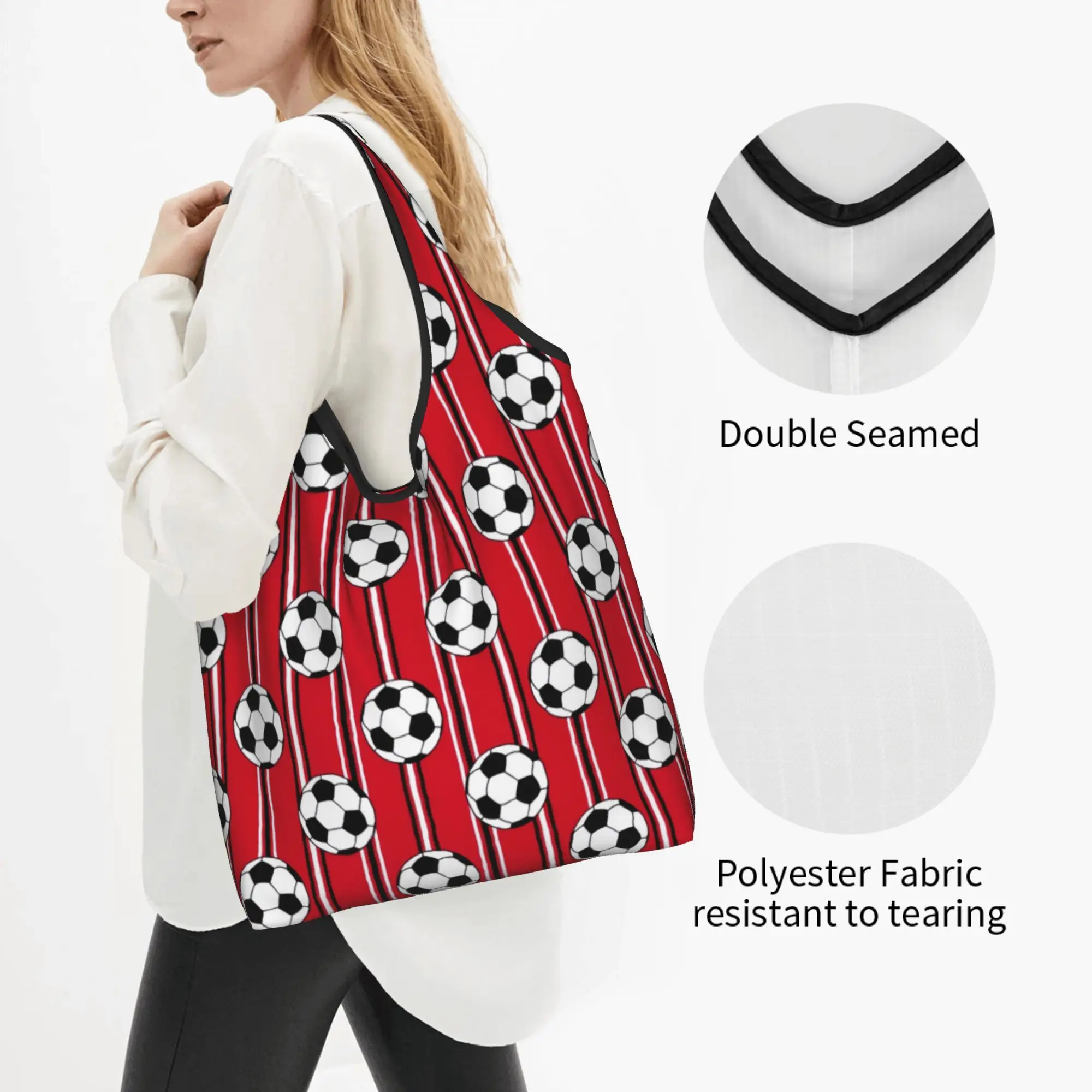 Recycling Vertical Stripes Red Footbally Black White Shopping Bag Women Tote Bag Portable Soccer  Grocery Shopper Bags