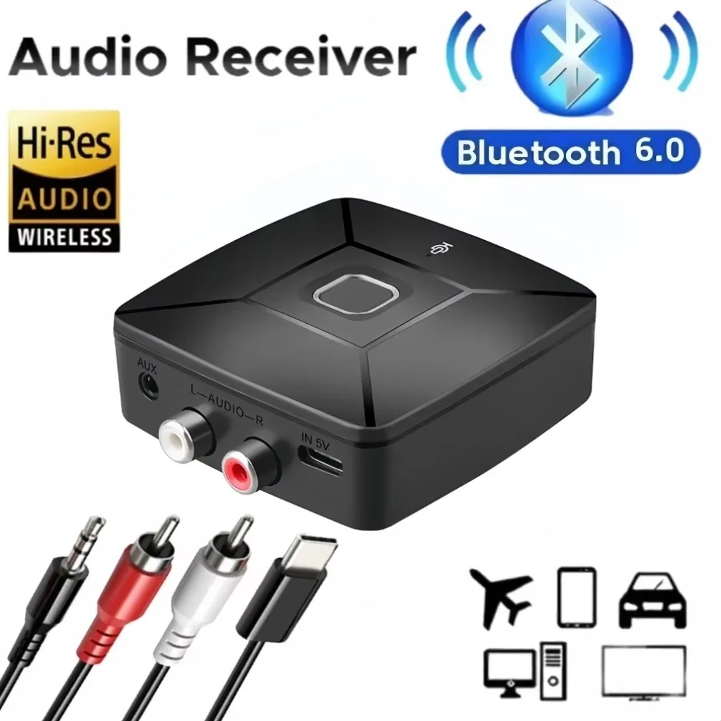 Bluetooth 6.0 ワイヤレスレシーバー SBC AAC Hi-Fi 3.5mm AUXジャック 2RCA RCAオーディオ音楽アダプター PC、カーキット、スピーカー、アンプ用 ﻿