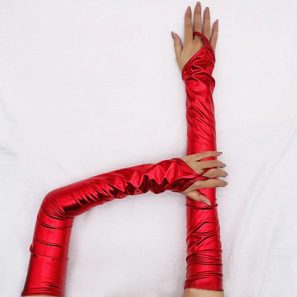 Manoplas sexis finas y largas de Color sólido para espectáculo en club nocturno, guantes de cuero Pu para Cosplay, mitones sin dedos, guantes de cuero con manga para brazo