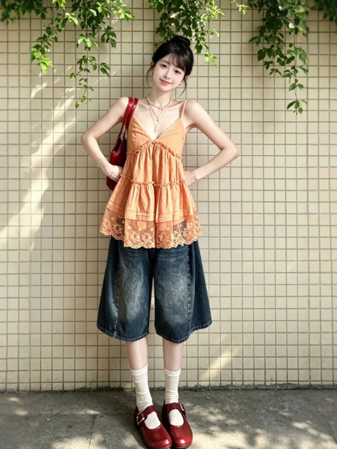 

Gentle Wind Unique Super Beautiful V-neck Loose Vest Strap Top Small Size Summer Fashionable Miniature Upper Apparel