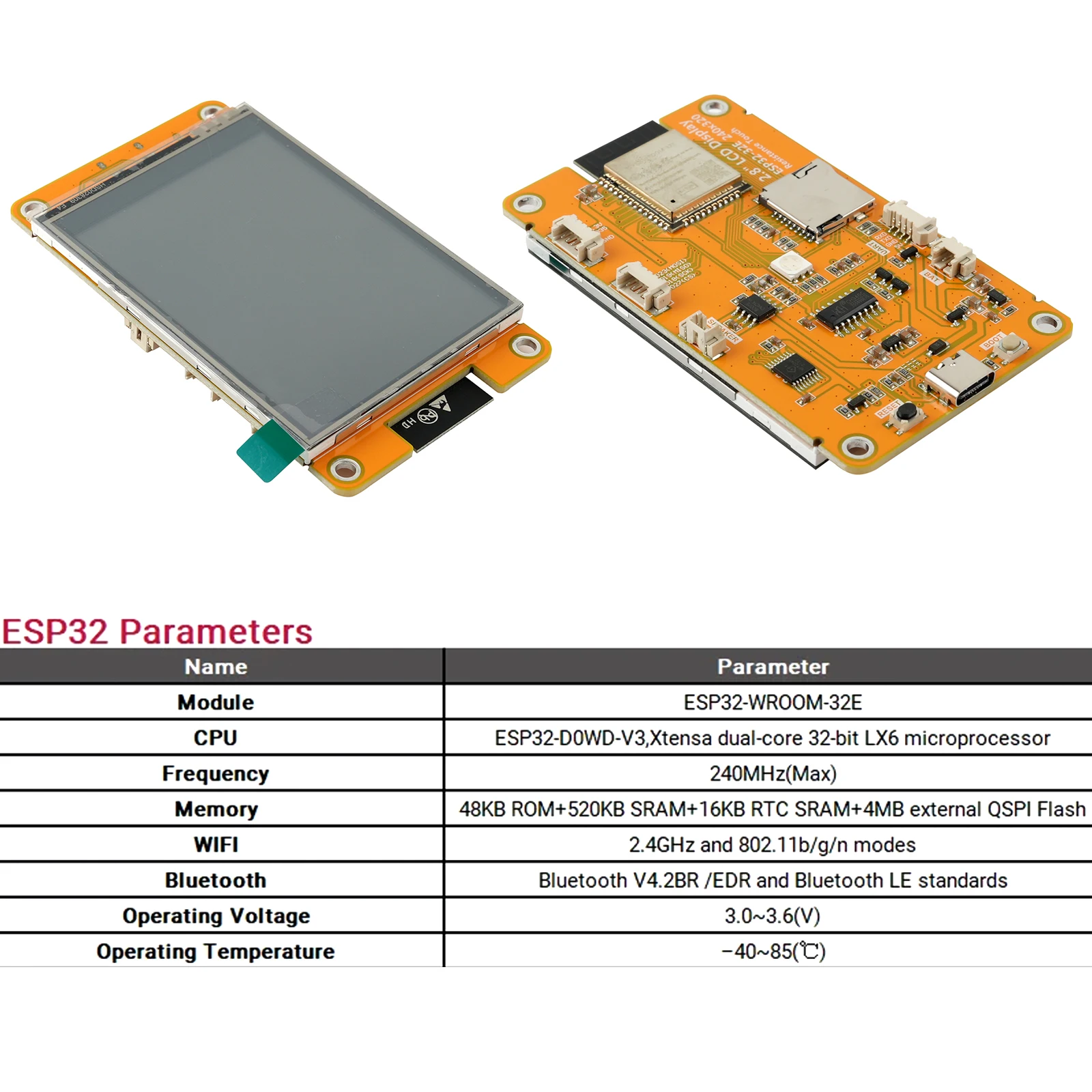 Picture 3: 2.8inch ESP32-32E Display ESP32-WROOM-32E WIFI BLE Module Dual-core Processor TFT SPI 240x320 ILI9341V Driver Screen for IoT