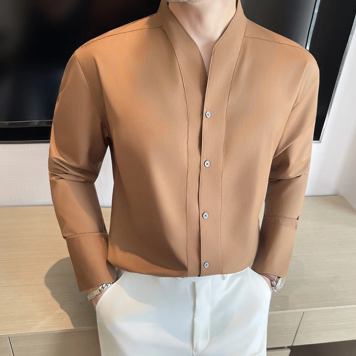 

New Fashion V Neck Design Long Sleeve Shirts Men Luxury Traceless Slim Fit Business Casual Stand Up Collar Shirt Tuxedo 4XL-M