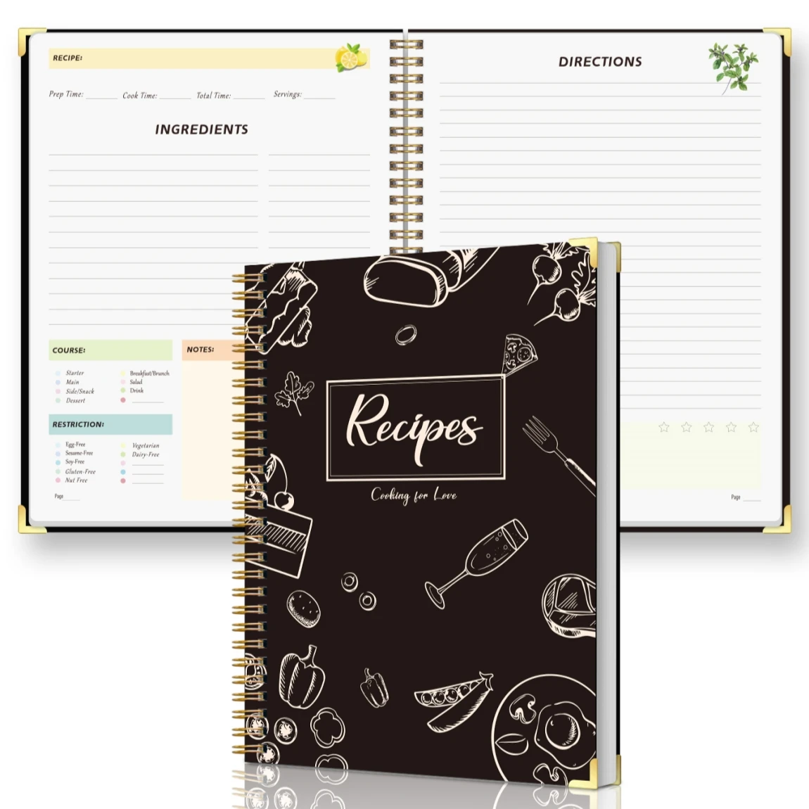 Recipe Journal Notebook with Spiral Binding, Blank Cookbook Organizer for Family Recipes Meal Planning