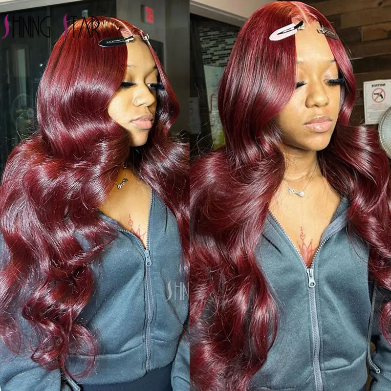 Perruque Lace Front Wig Body Wave brésilienne naturelle, cheveux humains, 13x6, bordeaux foncé, 99J, pre-plucked, pour femmes