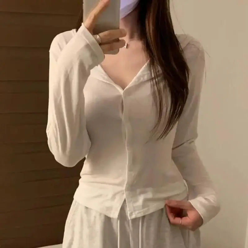 Fashionable Chic Long Sleeve Comfortable New Single Button Trendy Women's T-shirt Open Cardigan City Walk Daily Date High Waist