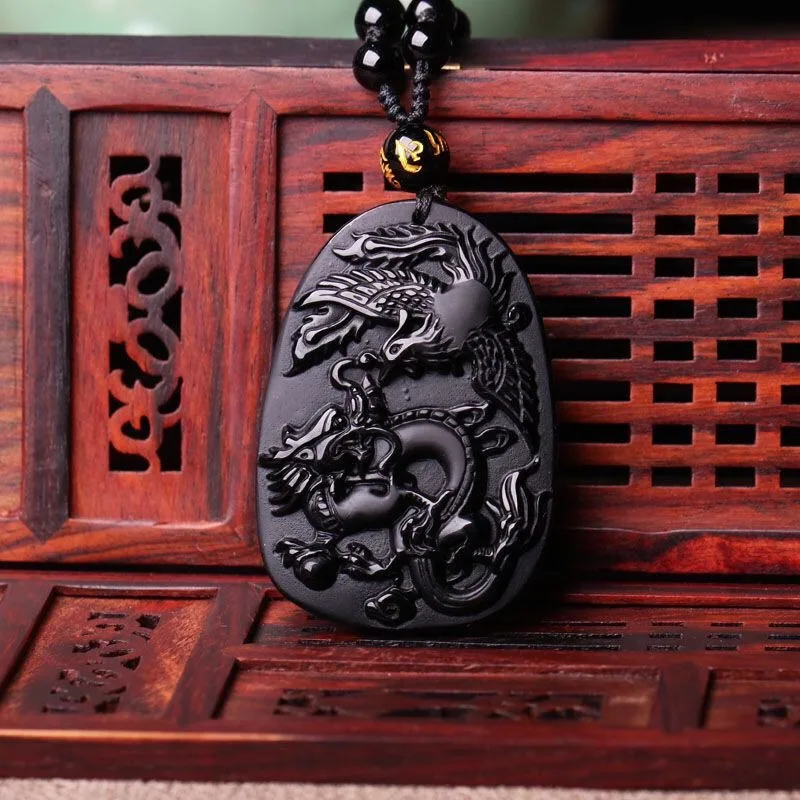 

Natural Obsidian Dragon and Phoenix Necklace Pendant, Men's and Women's Crystal Necklace Pendant
