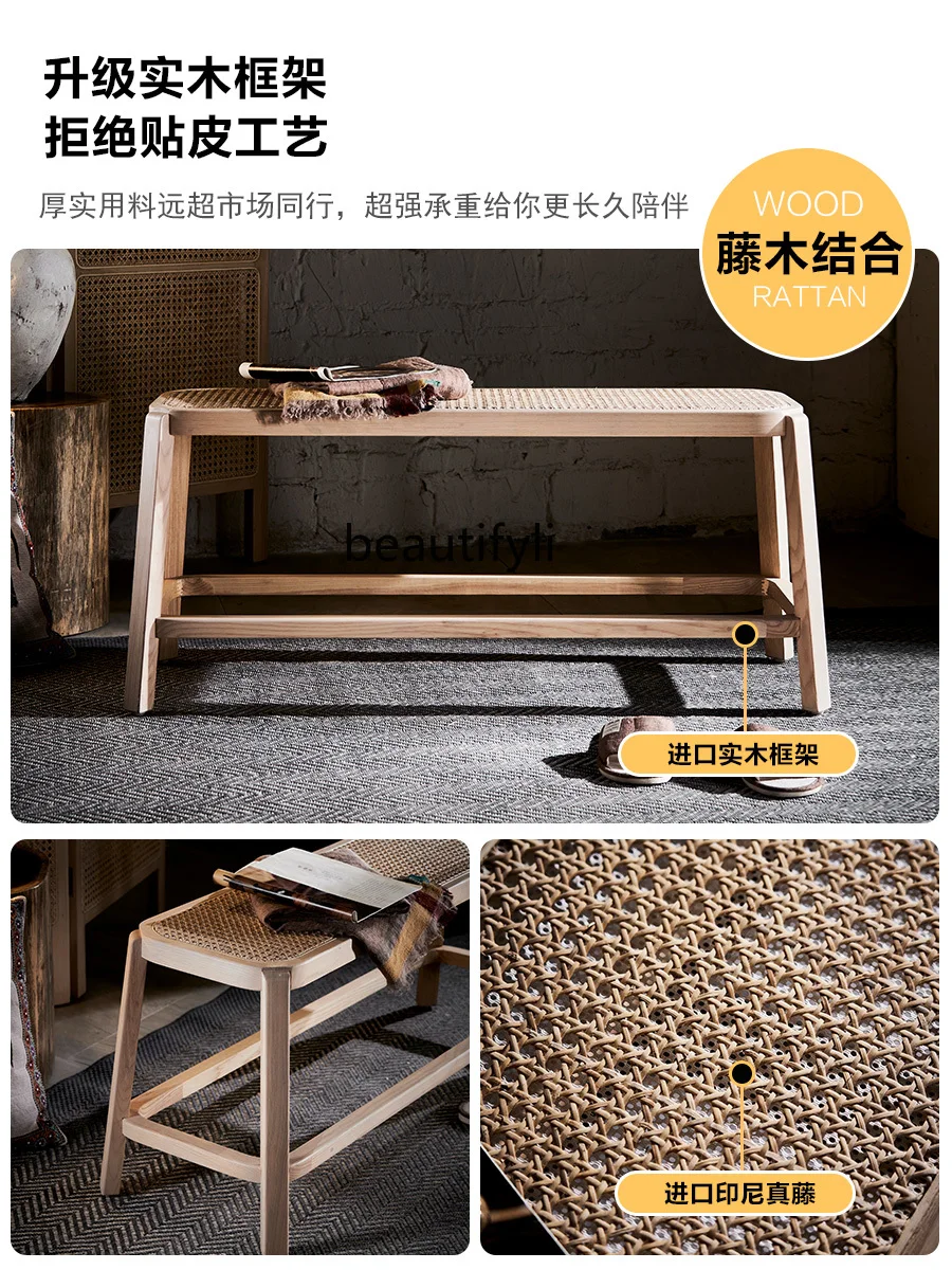 Nordic Solid Wood Dining Chair Rattan Homestay Hotel Leisure Bench Natural Rattan Chair Combination