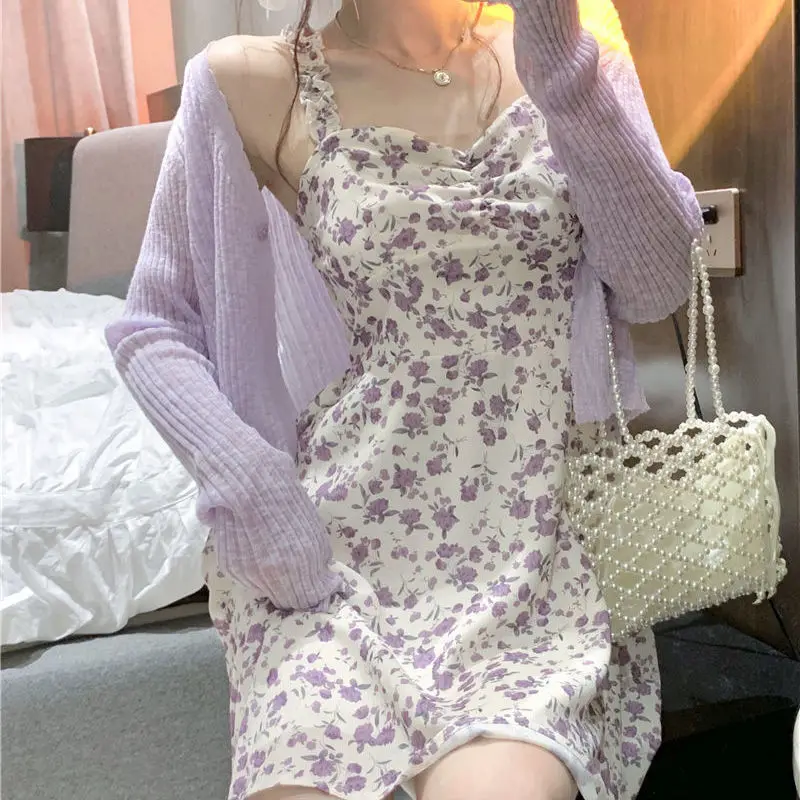 فستان صيفي جديد بحمالات مطبوعة بالزهور متوسط الطول للطلاب، تنورة قصيرة بنمط حلو - و - حار