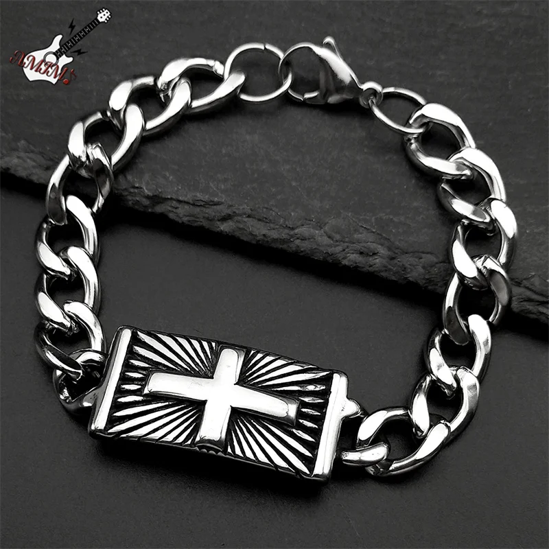

Hiphop Punk Cross Bracelet For Men Male Stainless Steel Silver Color Retor Faith Fashion Cuban Hand Chain Jewelry Gifts