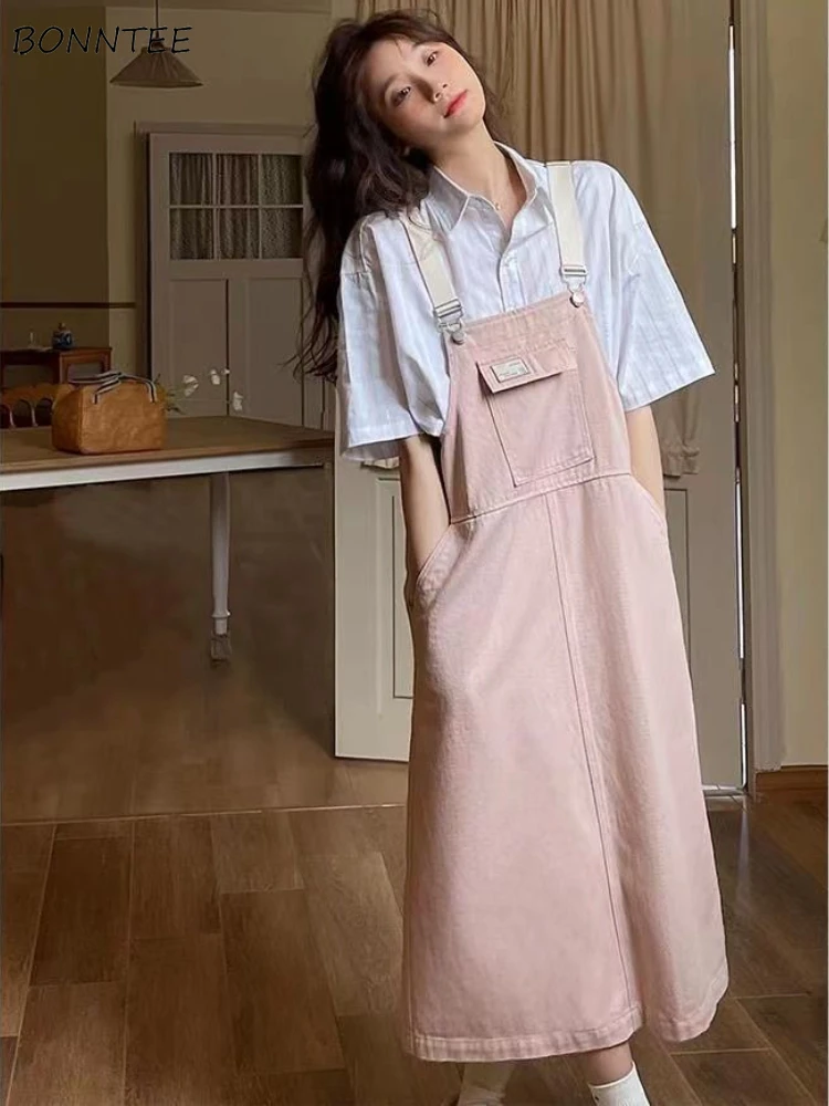 Denim Strap Dresses Women Back-slit Sleeveless Midi Teen Young Preppy Kawaii Japan Style Ulzzang Harajuku Tender Vestidos Female