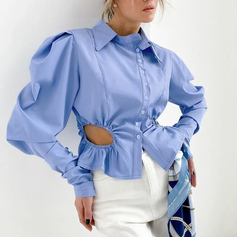 Fashion Hollow Out Shirt For Women Casual Lapel Long Juliet Sleeve Folds Blue White Blouse Women Autumn 2023 Shirt Tops