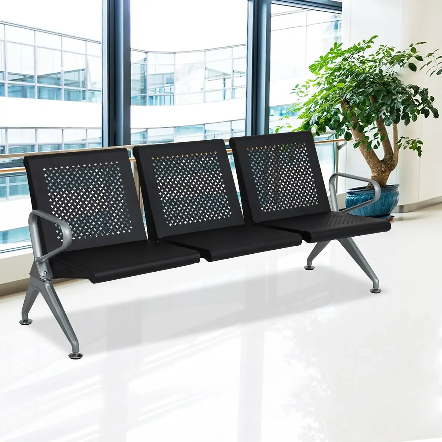 Office Guest Chairs 3-Seat Reception Chairs, Waiting Room Chair with Breathable Mesh & Ergonomic Backrest for Airport Hospital B