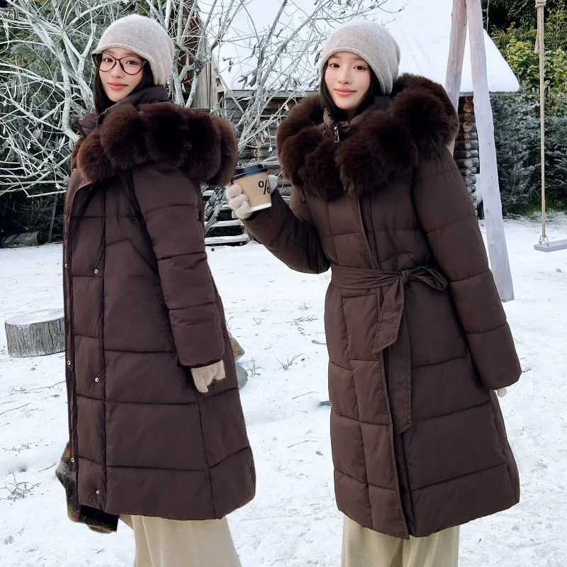 Winter Cold Weather Long Puffer Coat Women Hooded Faux Fur Collar Belted Zip Up Thickened Thermal Insulated Windproof Casual