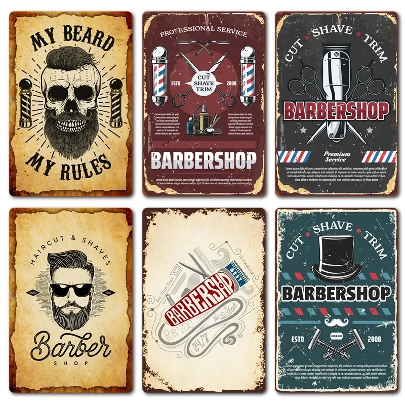 Metall Zinn Zeichen Rasur und Schnitt Barber Poster Vintage Wand Dekor Barbershop Studio Werkzeug Kunst Wand Platte Malerei Pin Up Zeichen Plaque