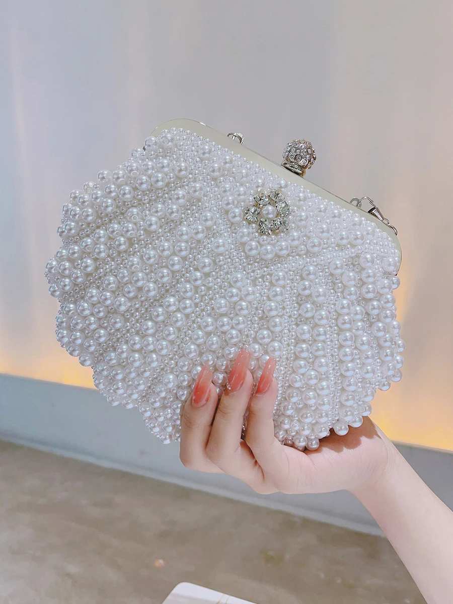 Faux Pearl & Diamond Event Clutch Bag, Buckle Metal Chain Handbag, Floral Handle Party Bag