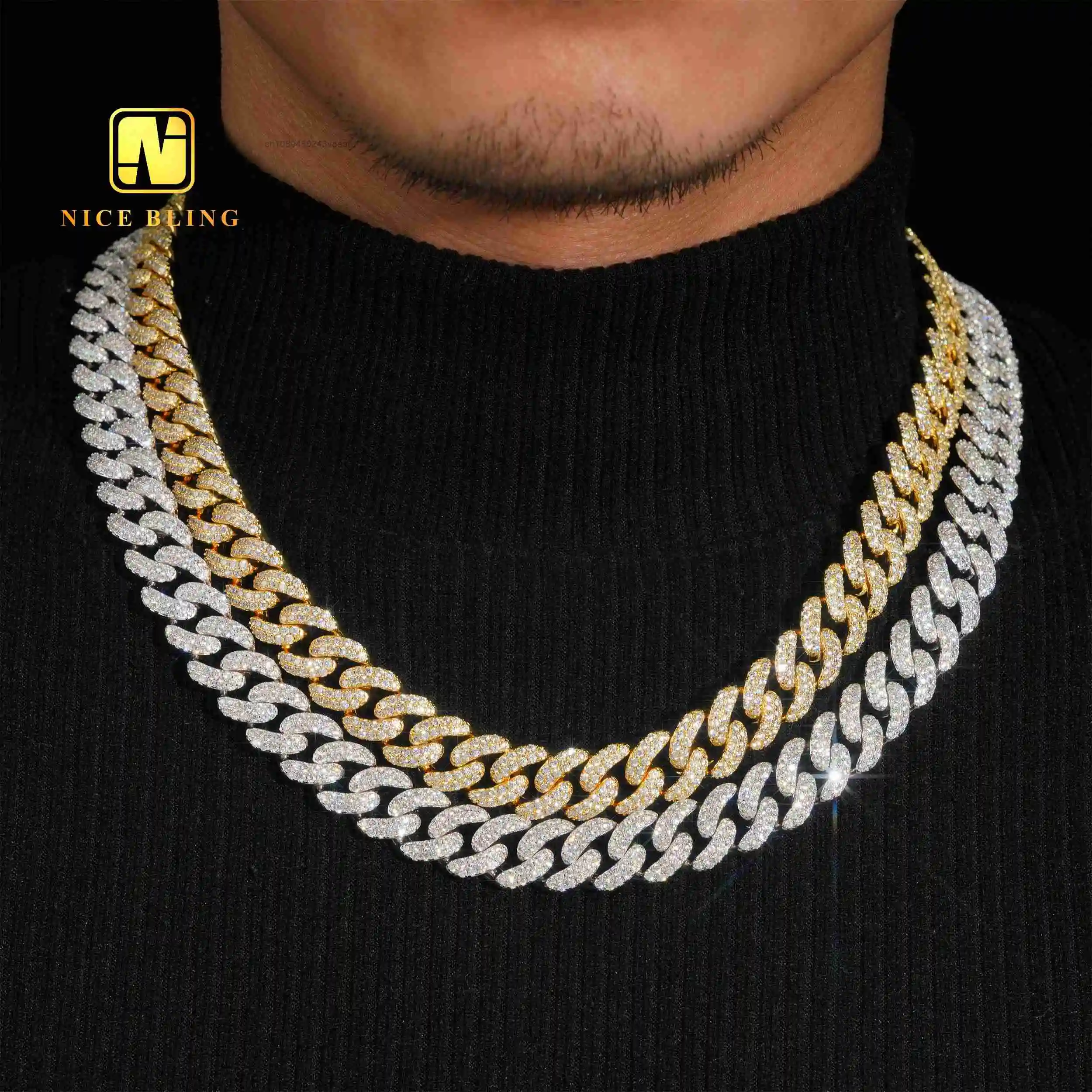 Iced Wholesale Out Hip Hop Necklace 2 Rows Round Shape 13mm Cuban Link Chains Gold Plated Brass 5a Moissanite Diamond Necklace B