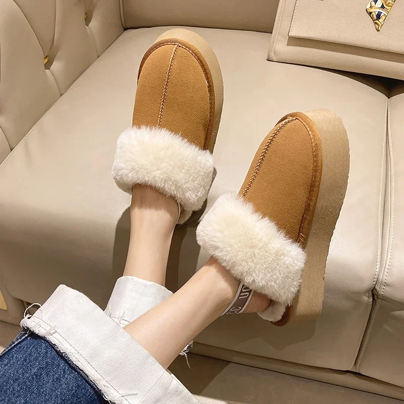 Zapatillas de piel de ante de Color liso para mujer, zapatos cálidos sin cordones con plataforma para el hogar, invierno, 2023