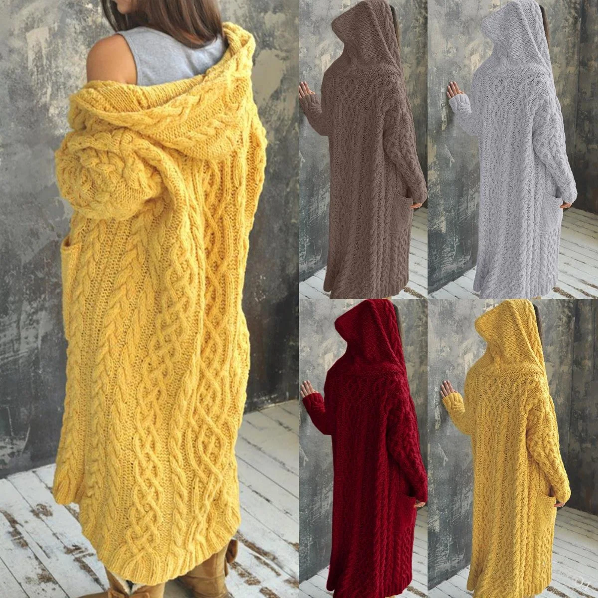 

Women's Hooded Cardigan British Style Fried Dough Twists Braid Long Knitwear Medium Thickness Pure Color Fashion Inner Wear