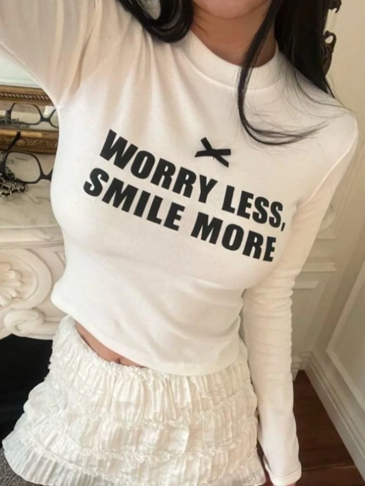 

HOUZHOU Y2k Cuteore Sweet T Shirts Women Korean Style Fashion Design Bow Letter Print O-neck Slim Tees Top Soft Gilr Spring 2025